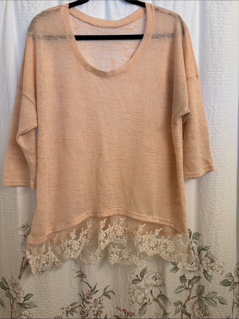 Light Peach Knit Top with Lace Hem